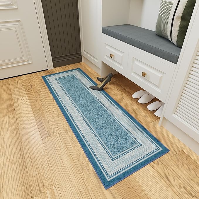 Ottomanson Hallway Runner Rug 20" x 59" Non Slip Border Area Rugs Easy to Clean Laundry Rug Runner Durable & Pet Friendly Floor Carpet Runners for Hallways Entryway Living Room Kitchen, Turquoise