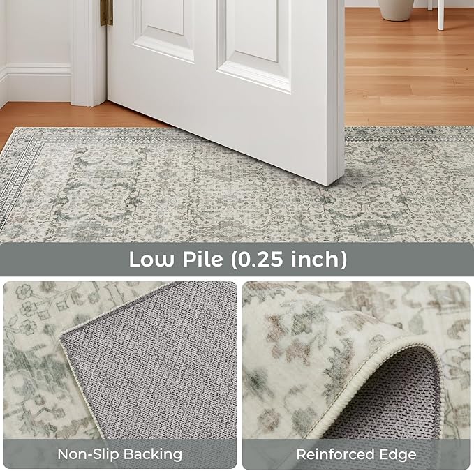 Washable Area Rugs 5x7 Floral Beige, Indoor Rug for Living Room Bedroom, Traditional Farmhouse Carpet for Dining Room, Cream White