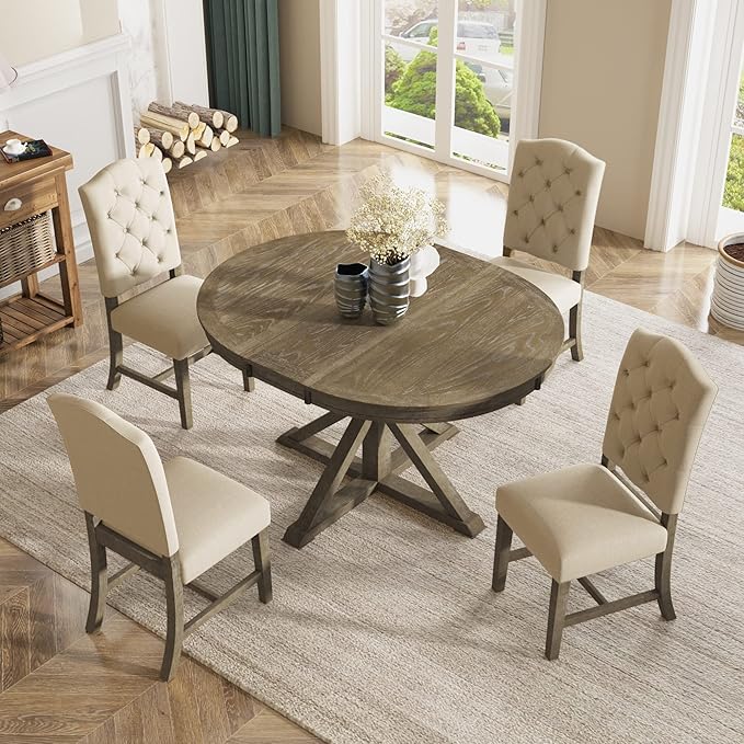 SogesPower 5-Piece Round Farmhouse Retro Dining Table Set for 4, Space-Saving Kitchen Table Set with Extendable Table and 4 Upholstered Chairs for Dining Room Living Room,Natural Wood