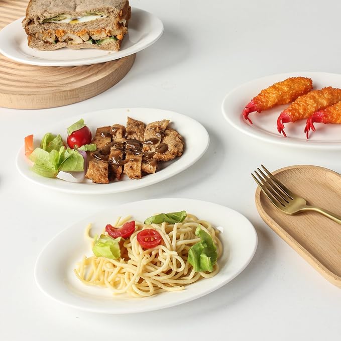 8 Inch Ceramic Appetizer Plates Oval, Porcelain Dessert Plates, Small Salad Plates Set, Small White Serving Plates for Salad, Appetizer, Snack, Sushi, Microwave, Dishwasher Safe, Set of 8