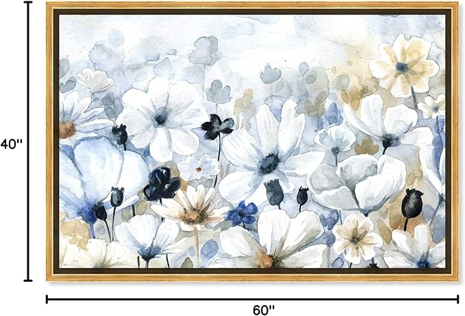 The Oliver Gal Artist Co. Floral and Botanical Wall Art Framed Canvas Prints 'Fields Flowers Home Décor, 54" x 36", Blue, White