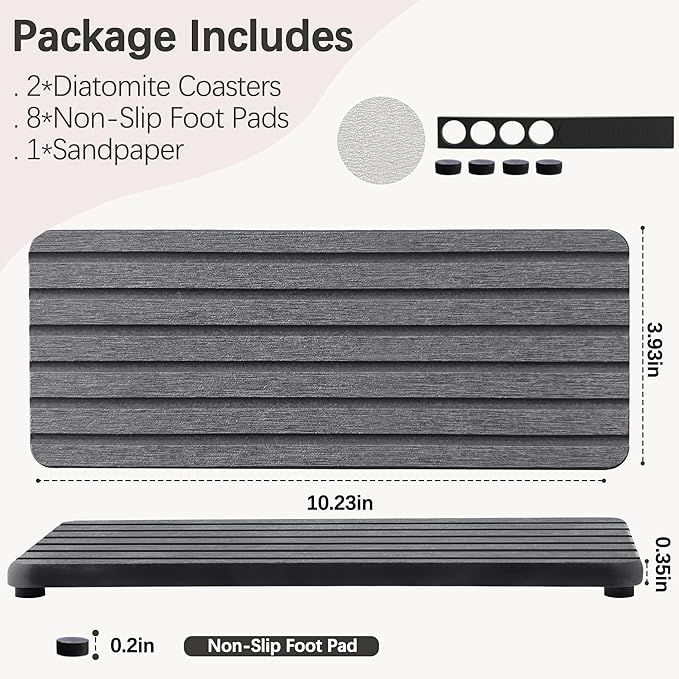 2 PCS Water Absorbent Diatomite Coasters (10.2" x 4"), Grooved Design, Water Absorbing Stone Used for Hand Soaps & Plants & toiletries in The Modern Home