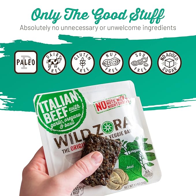 Wild Zora Meat & Veggie Bars, Variety 5-Pack, Natural Pork, Beef, Lamb, & Turkey Jerky Snacks, Healthy Paleo Snacks, AIP Friendly Options, Gluten Free, Soy Free, High Protein, No Added Sweetener
