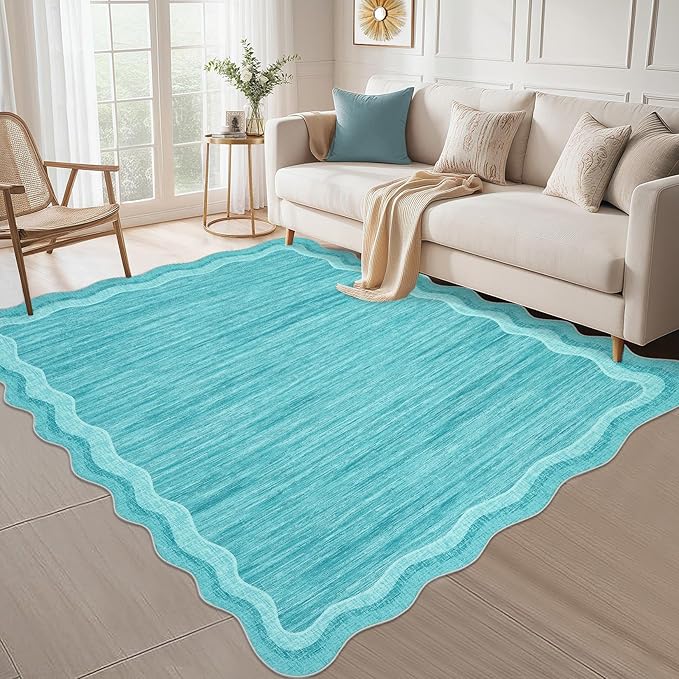 GarveeHome Washable Rugs 8x10 Scallop Living Room Rug Solid Scalloped Rug with Non-Slip Backing, Stain-Resistant Low Pile Easy Cleaning Rugs, Soft Modern Carpet for Bedroom Playroom Nursery,Teal