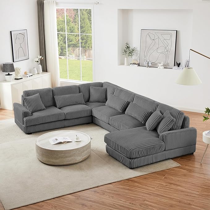 129" Oversized U Shaped Modular Sectional Sofa Couch for Living Room 7 Seater Plush Corduroy Upholstered Large Sofa Deep Seat Cloud Couch with Extra Wide Chaise Lounge and Detachable Thick Cushions