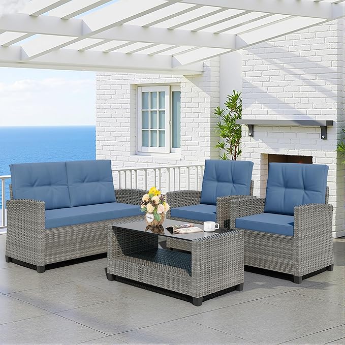 Shintenchi 4 Piece Patio Furniture Set, Outdoor Rattan Conversation Set with Coffee Table, Outside Wicker Sectional Sofa Couch with Cushion, Gray and Blue
