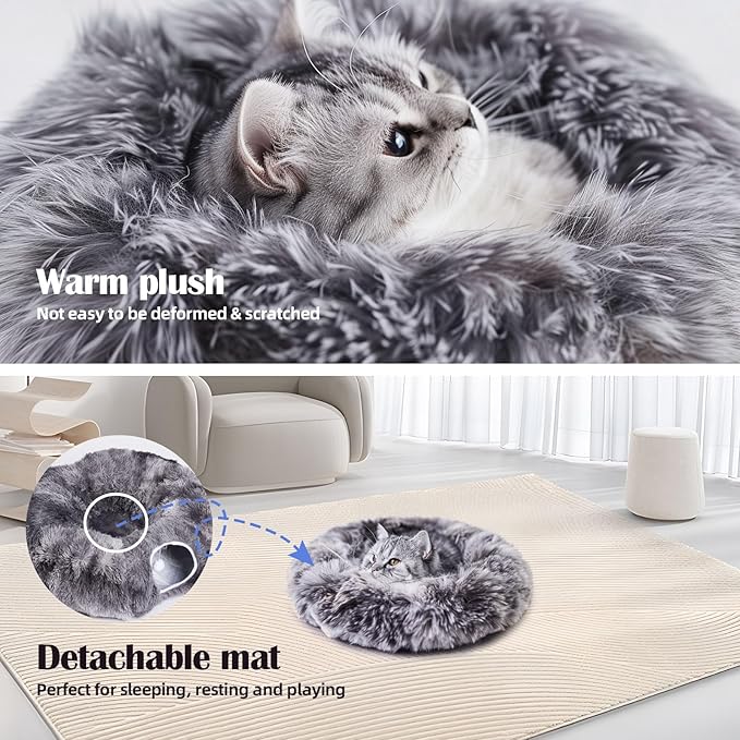Odoland Cat Tunnel Bed with 20 Cat Toys - Indoor Plush Kitten Couch,Detachable Cats Cave Donut Tunnel & Soft Kitten Toy Set-Cozy Cat Furniture Black