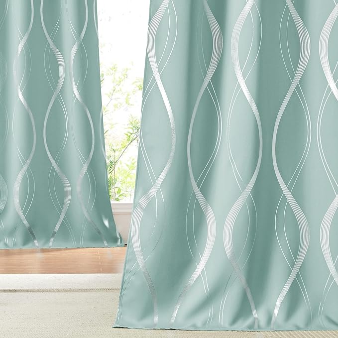 NICETOWN Aqua Blue Stripe Curtain Panels 63 inch Long for Dining Room and Patio, W52 x L63 inch, Wave Line Foil Print Design Pattern Drapes for Modern Apartment Wall Decor, 2 Panels