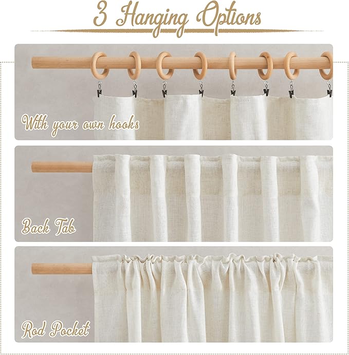 NICETOWN Linen Curtains & Drapes 95 inch Length 2 Panels, Rod Pocket & Back Tab Linen Blend Semi Sheer Privacy with Light Filtering for Farmhouse/Living Room, Burlap, W52 x L95