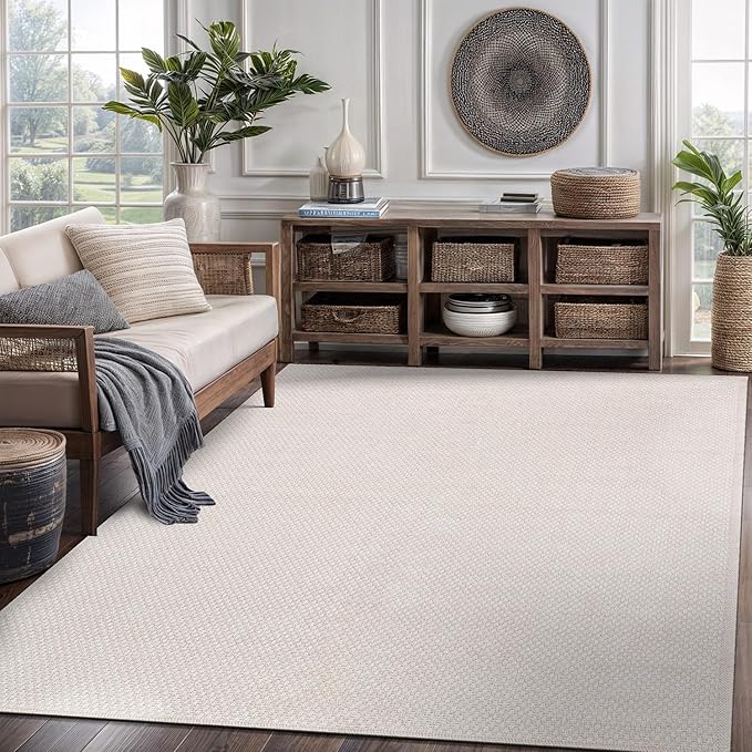CAMILSON Easy Jute Rug 5x7, Indoor Outdoor Off-White Farmhouse Area Rugs for Living Room Patio and Kitchen Rug, Solid Woven Design, Easy-Cleaning, Washable Outside Carpet Alfombras (5 x 7)
