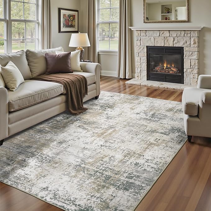 5x7 Area Rugs, Neutral Machine Washable Rugs for Living Room, Abstract Modern Soft Non-Slip Thin Print Floor Carpet for Bedroom Kids Room, Brown Tan