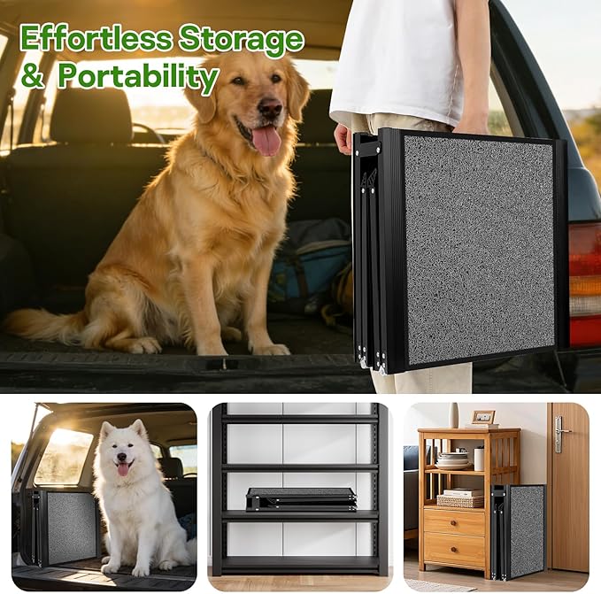67''x 17'' Folding Dog Ramp for Truck, Aluminum Pet Ramp for Large Dogs, Foldable Dog Stairs Steps Up to 250LBS, with Non-Slip Rug Surface for Car, SUV, Bed, Indoor & Outdoor(Wire Loop Fabric)