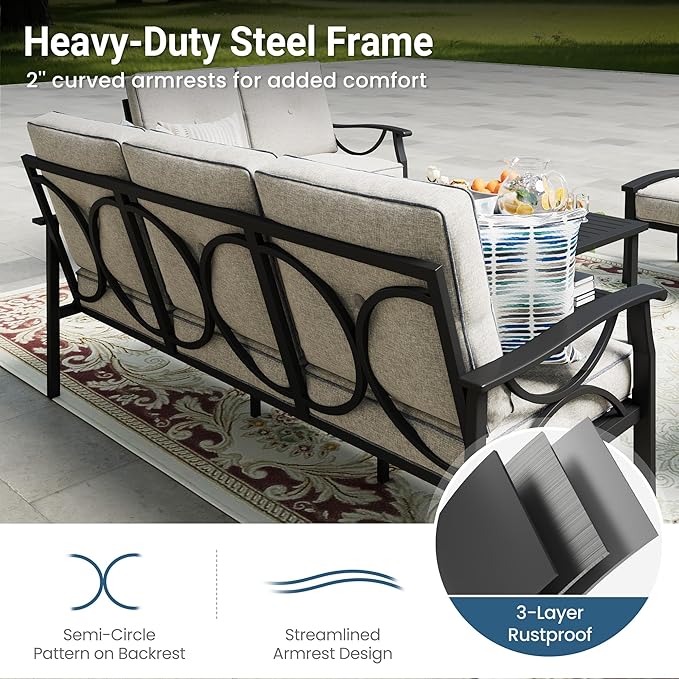 Outdoor Patio Furniture Set, 9 Seats Outdoor Patio Set with 4" Thick Cushion, All-Weather Metal Patio Sofa with Coffee Table, Outdoor Sectional Furniture for Porch Backyard Deck Yard, Black&Beige
