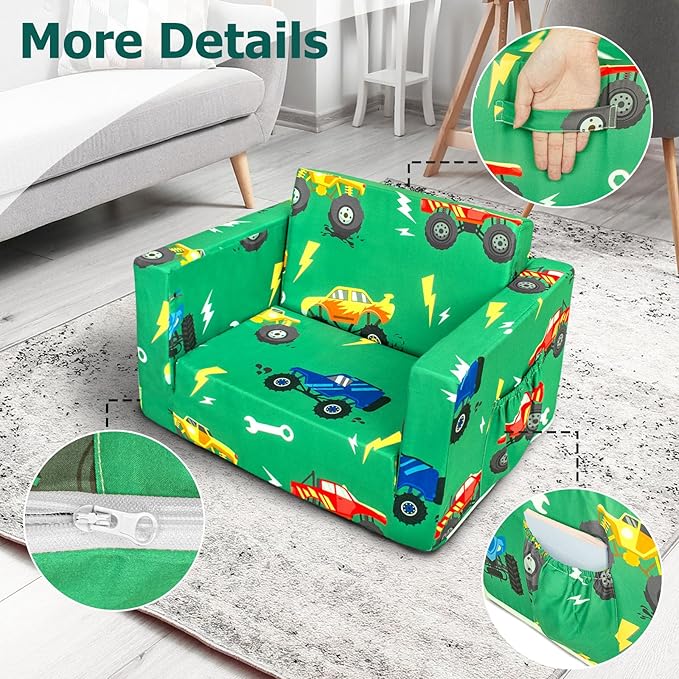 Kids Couch, 2-in-1 Kids Fold Out Sofa, Convertible Toddler Couch to Lounger for Girls and Boys, Soft Toddler Chairs Comfy 1-3 Years Old (Green Monster Truck)