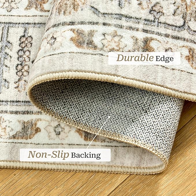 Area Rugs for Living Room - 9x12, Boho Non-Slip Low Pile Carpet Machine Washable Rugs for Bedroom Office, Dining Room (Beige)