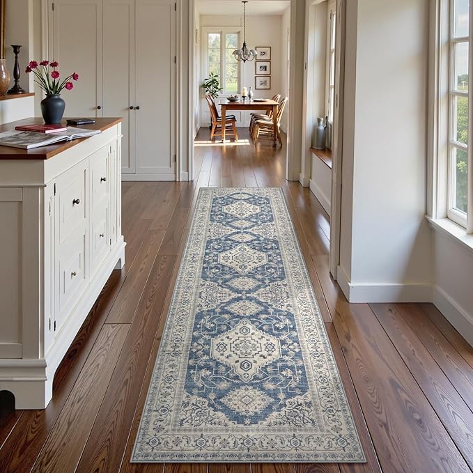 Lahome Oriental Hallway Runner Rug Non Slip, 2.5x8 Kitchen Washable Runner Soft Hallway Rug, Traditional Ultra-Thin Carpet for Bathroom Entryway ?랰aundry Room, Blue