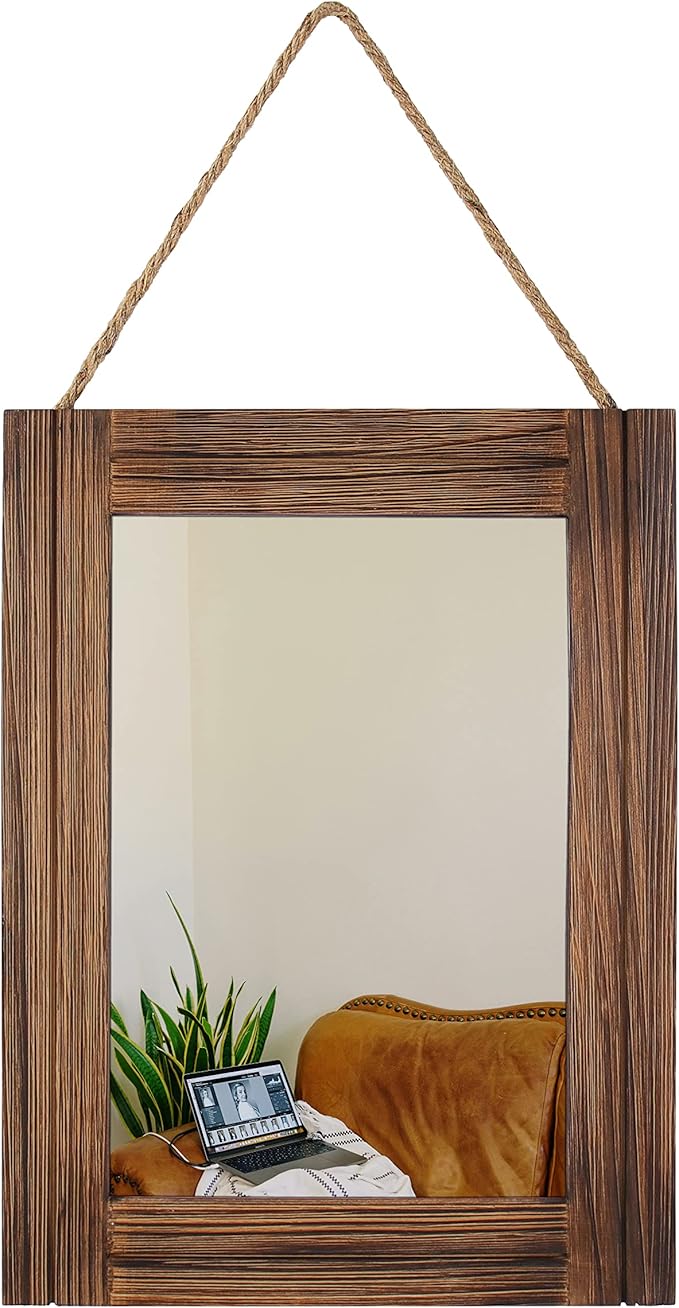 16 X 12 Inch Rustic Wood Framed Wall Mirror with Hanging Rope for Farmhouse Decor, for Entryway, Bedroom, Bathroom, Dresser, Brown