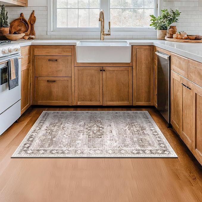 Washable Neutral Farmhouse Large Entryway Rug, 3x5 Area Rugs for Kitchen, Bedroom, Laundry Room, Nursery Room, Boho Vintage Floral Non-Slip Throw Rug Low Pile Stain Resistant (3x5 Beige/Latte)