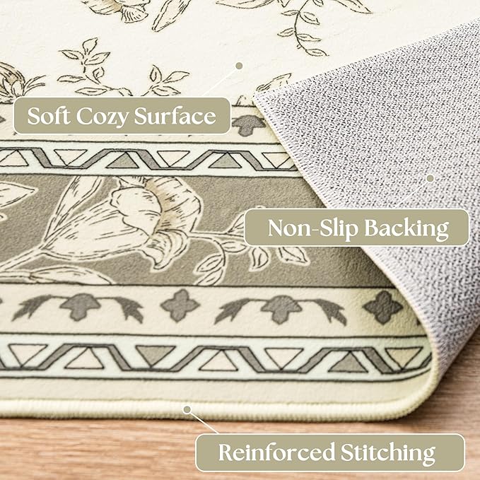 Boho Dining Room Rugs for Under Table 7x9 Washable Taupe Cream Beige Tan Floral Design Sketch Style Area Rug for Living Room, Low Pile Non-Slip for Bedroom Under Bed Aesthetic Boho Farmhouse Decor