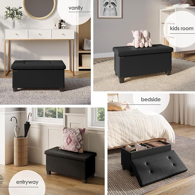STORAGEBUD Storage Ottoman Bench with Bins, 30-in Storage Bench for Bedroom End of Bed, Folding Foot Rest Ottoman for Living Room Max 660lbs, Faux Leather Ottomans, Black