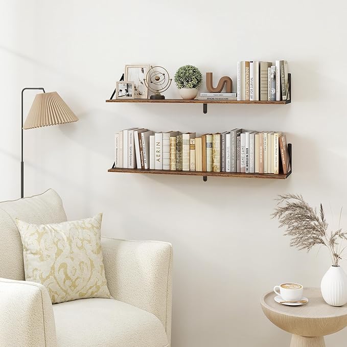 Heimlove Deep Floating Shelves for Wall, 36W x 8D Wood Wall Shelves Set of 2, Wide Floating Bookshelf for Living Room, Kitchen, Office, Bedroom and Decor Storage, with Metal Bracket - Rustic Brown