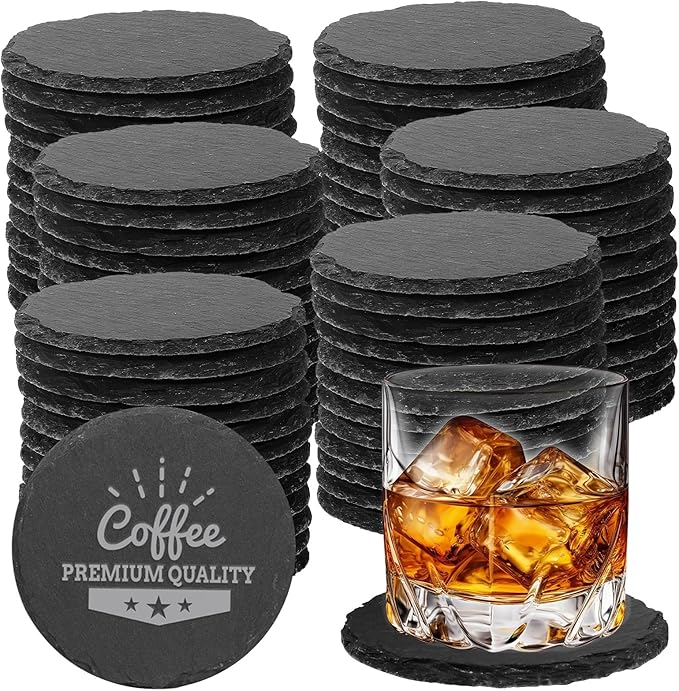 72 PCS Black Natural Slate Coasters Bulk Set 4 Inch Laser Engraving Blanks with Anti Scratch Bottoms for Home, Office, Bar, Gifts Round Coasters