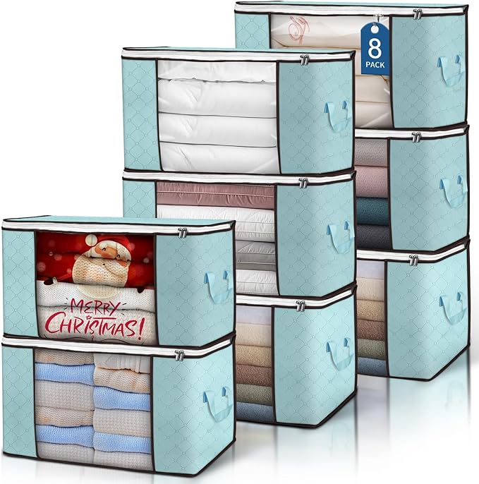 Budding Joy 90L Large Storage Bags, 8 Pack Clothes Storage Bins Foldable Closet Organizer Storage Containers with Durable Handles Storage and Organization, Blanket, Pillows and Toys (Blue)