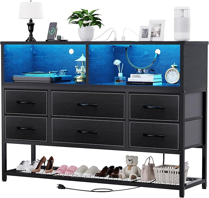 Black Dresser for Bedroom, 6 Drawers Led Dresser TV Stand with Power Outlets and LED Lights, Long Fabric Dressers Wide Chest of Drawers with Large Organizer Shoe Rack for Living Room, Entryway