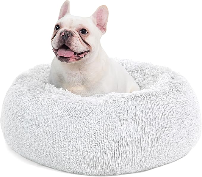 Bedsure Calming Dog Bed for Medium Dogs - Donut Washable Medium Pet Bed, 30 inches Anti-Slip Round Fluffy Plush Faux Fur Cat Bed, Fits up to 45 lbs Pets, Frost Grey