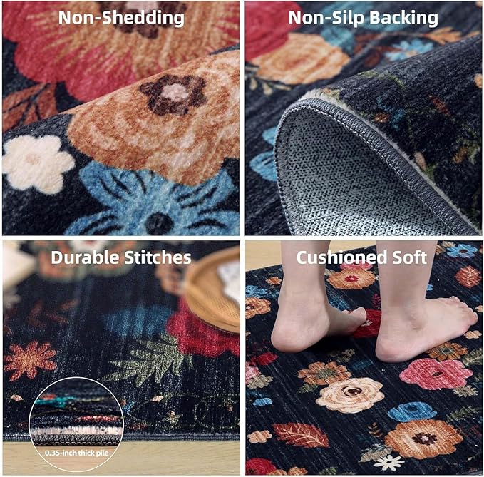8x10 Area Rugs for Living Room: Washable Rug Stain Resistant Distressed Vintage Floral Rug Non Slip Low Pile Faux Wool Soft Large Area Rugs for Bedroom Bedside Farmhouse Dining Room Kitchen Nursery