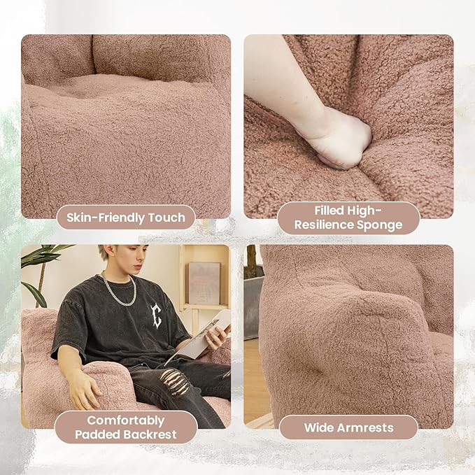 Bean Bag Chair with Filler, Bean Bag Sofa with Tufted Soft Stuffed Filling, Fluffy and Lazy Sofa, Comfy Cozy BeanBag Chairs with Memory Foam for Dorm, Apartment, Living Room (Pink)