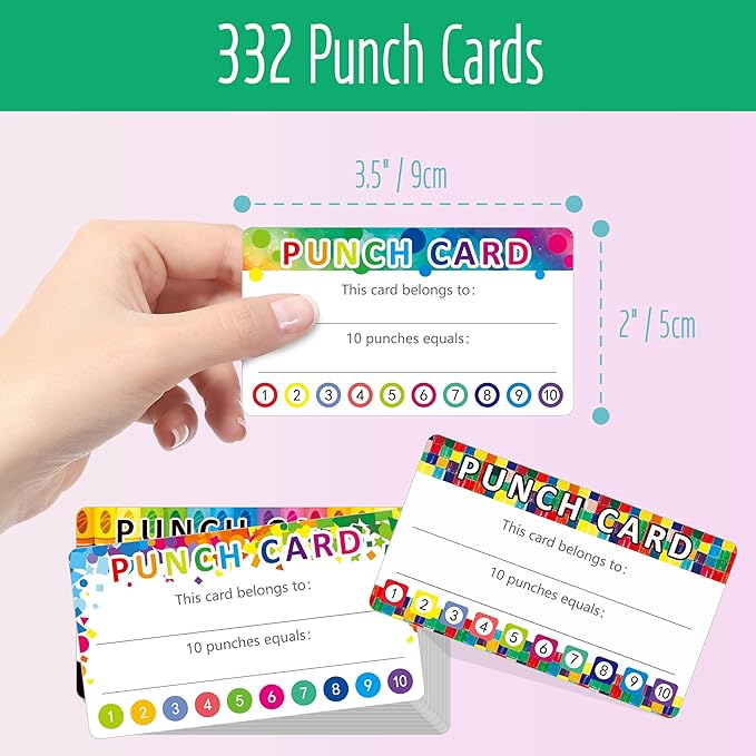 332 PCS Punch Cards, 4 Designs Incentive Reward Card Student Awards Loyalty Cards for Business, Classroom, Kids Behavior, Students, Teachers (3.5” x 2”)