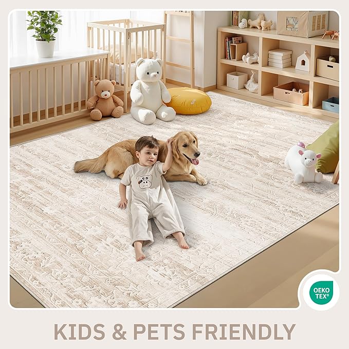 8x10 Area Rugs for Living Room, Stain Resistant Neutral Washable Rugs for Dining Room, Floral Vintage Non-Slip Thin Large Size Area Rug Beige Ivory