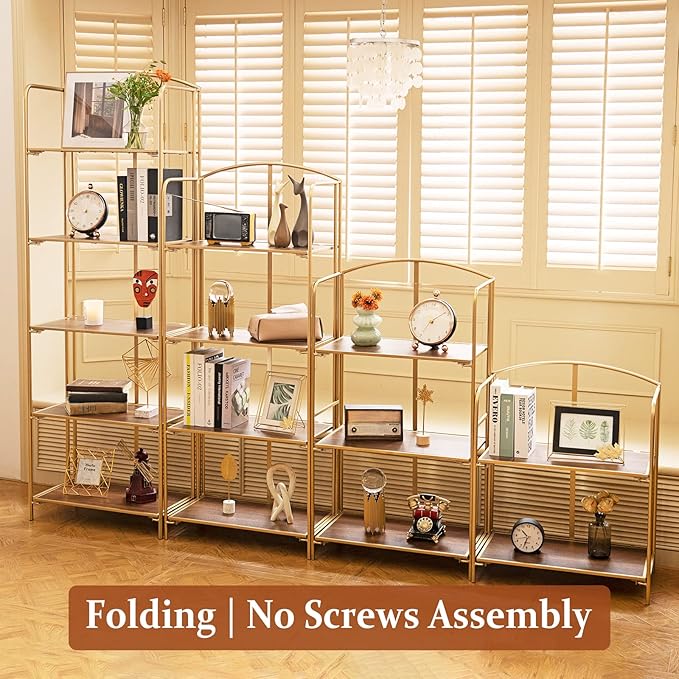 Crofy No Assembly Folding Bookshelf for Living Room, 2 Tier Gold Collapsible Book Shelf for Home Office, Portable Bookcase Storage Organizer