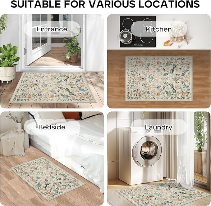 Machine Washable Area Rugs 2x3: Small Entryway Rug Soft Non-Slip Thin Carpet Floral Indoor Door Mat Floor Neutral Carpets for Entrance Bedroom Kitchen Laundry Bathroom Beige