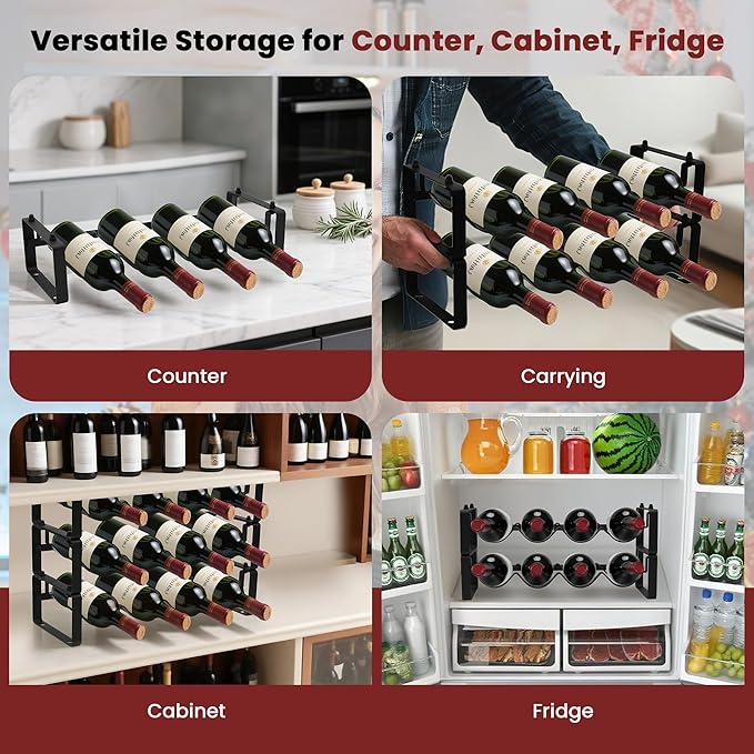 Stackable 4 Bottles Wine Rack – Compact Metal Wine Holder for Countertop, Cabinet, Pantry, Bar, or Small Spaces – Small Freestanding Wine Storage Organizer for Tight Spaces (1 Tier, Black)