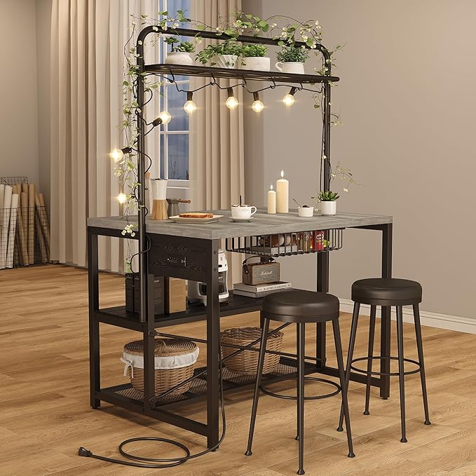 46" Large Kitchen Island Table Baker Rack with Power Outlet and 3-Tier Storage-Microwave Stand Oven Shelf, Metal Coffee Bar Table,Kitchen Storage Shelf for Dining Living Room, 5 Hooks,Grey