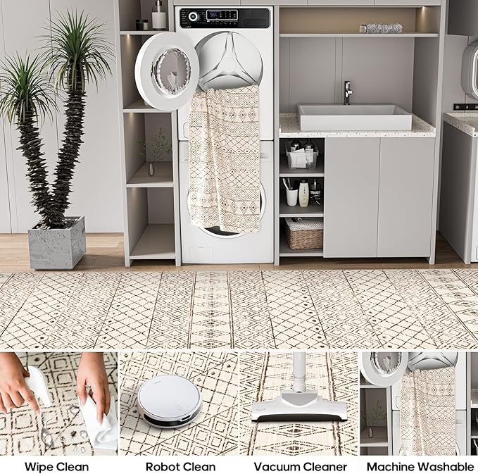 2'6"x12' Hallway Runner Rug Moroccan - Machine Washable Runner Rugs Low Pile Rug with Rubber Backing Soft Long Floor Mat Non Slip Vintage Indoor Carpet for Bedroom Entryway 2'6"x12' Geo Beige