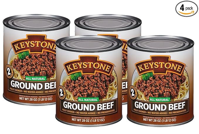 Keystone Meats All Natural Heat and Serve Ground Beef 28 oz – Fully Cooked Canned Meat – Ready to Eat – 5-Year Shelf Life – Pantry Staple for Everyday Meals, Emergency Survival Canned Food – Made in USA – Pack of 4