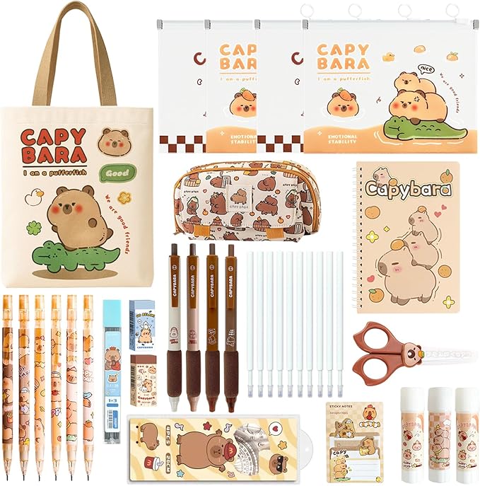 School Supplies Cute Stationery Set Back to School Capybara Pencil Case,Canvas Bag,6 Gel Pens,4 File Pockets,3 Glue Sticks,6 Mechanical Pencils, Perfect Easter Christmas Birthday Gifts for Children