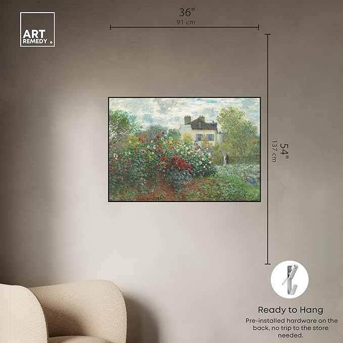 Art Remedy Monet-Garden With Dahlias Impressionism Classic Landscape Paintings Canvas Wall Art, Black Floater Frame, 36"x54"