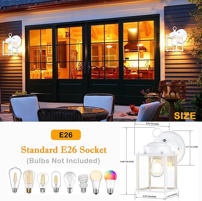 Dusk to Dawn Outdoor Wall Lantern, Modern Exterior Light Fixtures, Waterproof Front Door Wall Lighting with Clear Glass, White Outdoor Wall Lights for House, Garage, 4-Pack