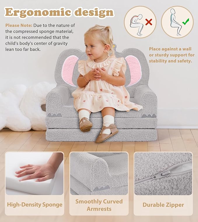 Kids Couch, 2-in-1 Soft Toddler Couch Fold Out with Blanket, Chair Comfy, Foldable Convertible Plush Sofa to Lounger, Gifts for Kids Girl Boys, Elephant