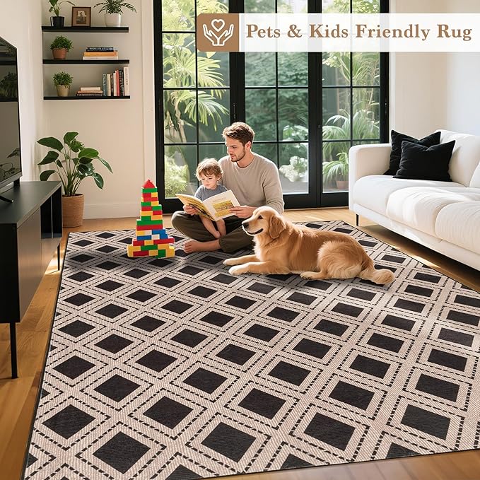 LBRO2M Checkered 9X12 Area Rug for Living Room Washable Rugs for Bedroom Dining Room Non Slip Modern Rugs Easy Clean, Soft, Stain Resistant Carpet Great for Pets and Family (9'X12' Black)