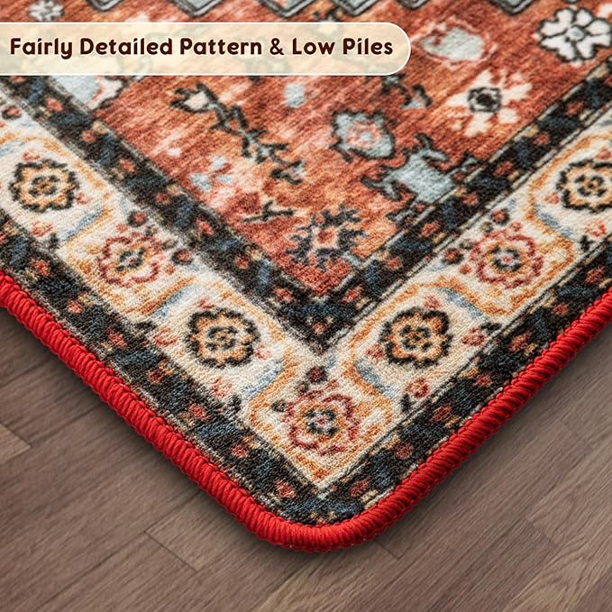 LBRO2M Boho Area Rug 8X10 Washable Rugs for Bedroom Low Piles Indoor Carpet, Non Slip Soft Rug for Living Room, Dining Room, Red Rug Foldable Pet Friendly Area Rugs Stain Resistant (8'X10' Red Teal)
