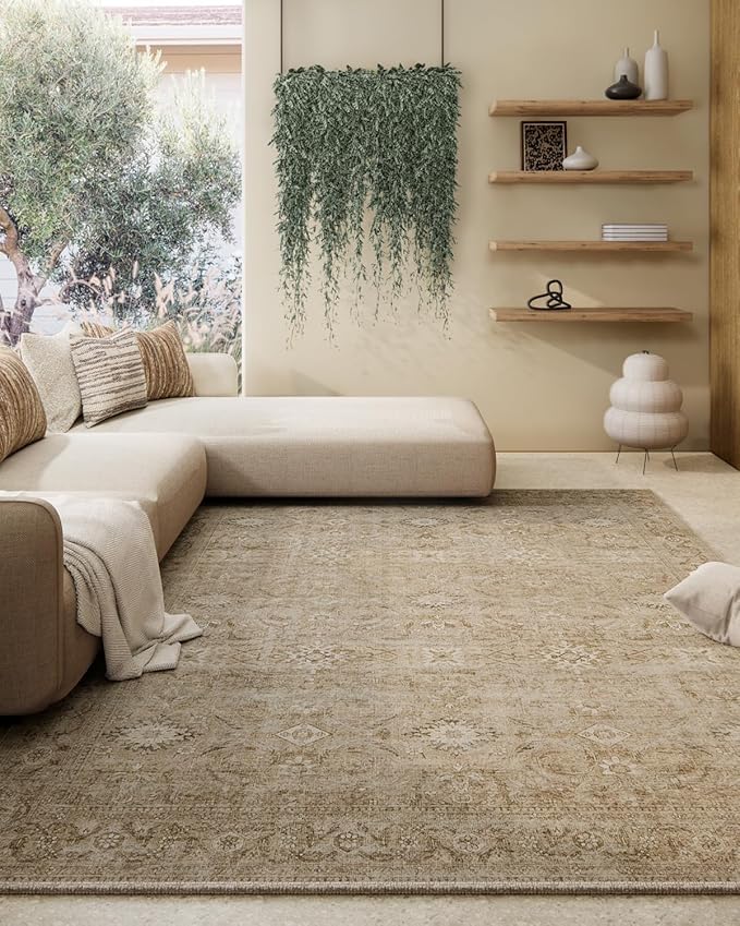 Washable Living Room Area Rugs: 5'x7' Bedroom Rug Boho Stain Resistant Tribal Distressed Vintage Accent Rug Non Slip Low Pile Faux Wool Soft Rugs for Indoor Dining Room Kitchen Bedside Nursery Office