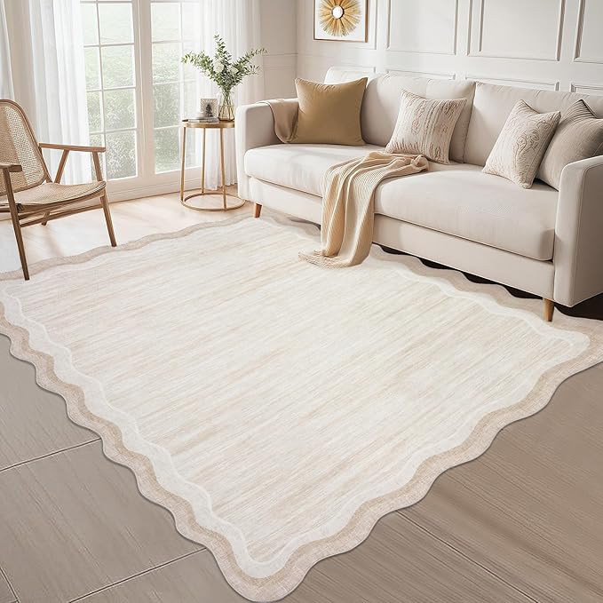 GarveeHome Scalloped Rug 5x7 Modern Solid Living Room Carpet, Non-Slip Contemporary Easy Cleaning Rug, Machine Washable Low Pile Indoor Rugs for Entryway,Bedroom, Playroom,Dorm,Office, Beige
