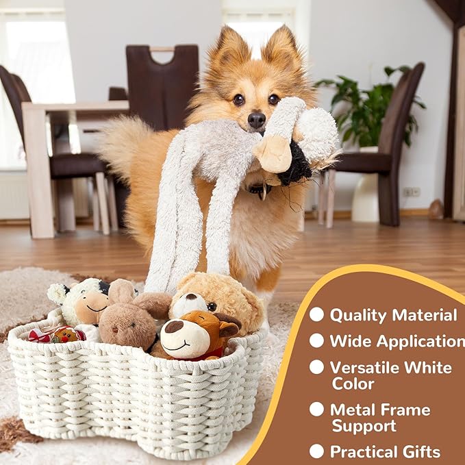 Barydat 2 Pcs Dog Toy Basket Dog Toy Bin Bone Shaped Handmade Pet Organizer for Pet White Cotton Rope Basket (16.5 x 12.4 x 6.89 and 13.39 x 9.25 x 5.4)