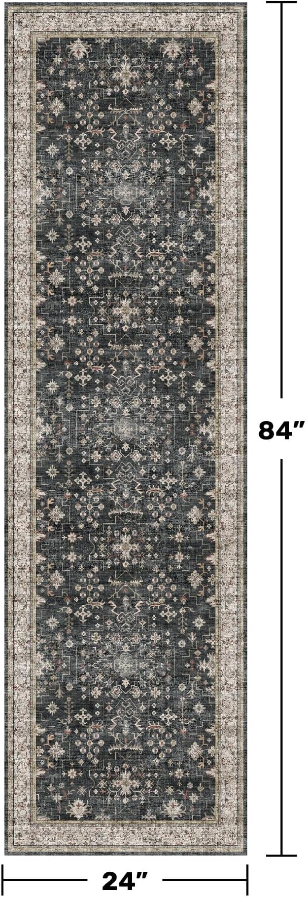 Black 2x7 Long Runner Rugs for Entryway, Throw Runners for Kitchen Hallway, Boho Vintage Floral Decor & Non-Slip Low-Pile Washable Stain Resistant Ashen Charcoal Rug