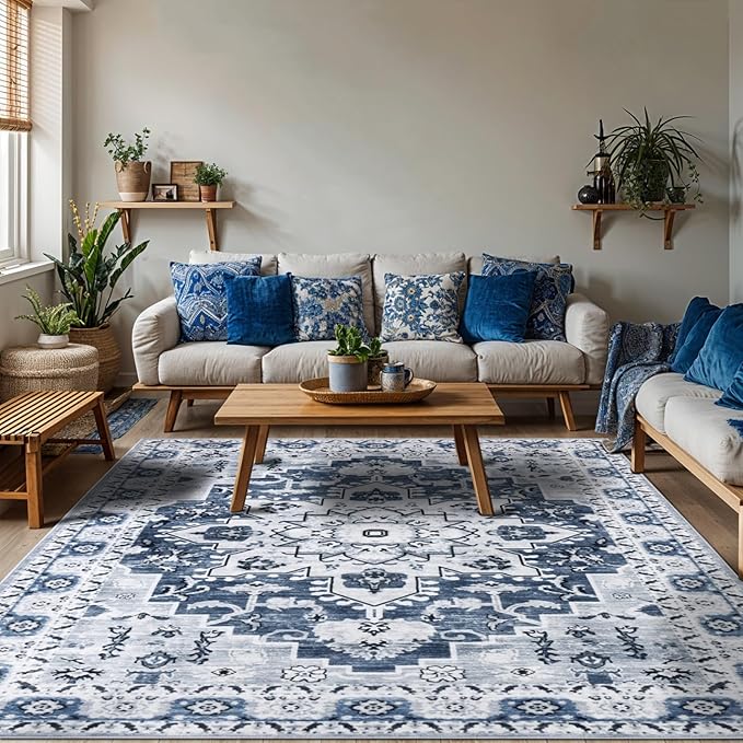 LBRO2M Boho Area Rug 5X7 Washable Rugs for Bedroom Low Piles Indoor Rugs, Non Slip Soft Carpet for Living Room, Dining Room, Blue Rug Foldable Pet Friendly Area Rugs Stain Resistant (5'X7' Light Blue)